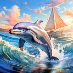 A serene and vibrant scene of a dolphin playfully swimming in the blue sea near a small, luxurious yacht