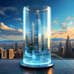 A stunning photograph of a transparent glass cylinder, reflecting a futuristic cityscape