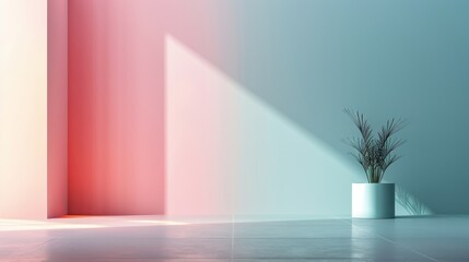 Minimalistic room with pink and blue lighting and a potted plant