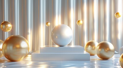 Elegant display with golden spheres on white platforms under soft lighting.