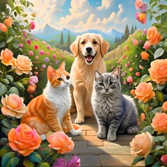 A charming, vibrant photo of various dogs and cats playfully interacting in a beautifully manicured rose garden
