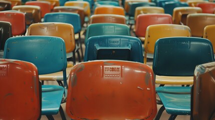 Close-up of rows of desks and chairs in an empty classroom, arranged neatly, capturing the essence of back-to-school preparations, ideal for educational advertising