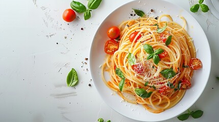 An illustration of vegan cuisine with text space features a top view of spaghetti with tomato sauce on a porcelain dish isolated on a white background or table, Generative AI.