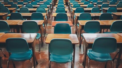 Naklejka premium Close-up of rows of desks and chairs in an empty classroom, arranged neatly, capturing the essence of back-to-school preparations, ideal for educational advertising