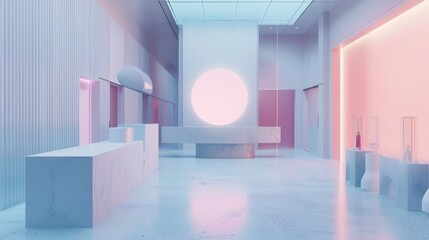 Futuristic pastel scene with a large glowing orb in a modern gallery.