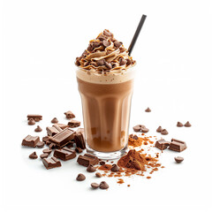 A rich and creamy chocolate milkshake topped with whipped cream, chocolate chips, and a drizzle of chocolate syrup, on white background.