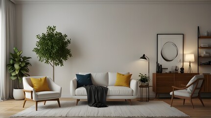Living room interior have armchair and decor accessories with white color wall- 3D rendering
