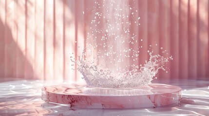Presenting products and cosmetics at a close-up podium with water splashes over light pink backdrop, Generative AI.