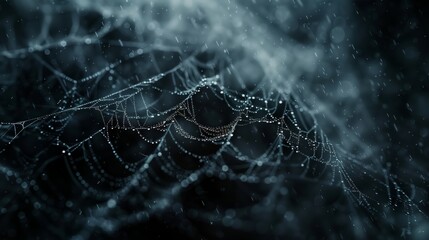 Naklejka premium Raindrops on Spider Web Macro Photography. Ultra close-up of a spider web glistening with raindrops, set against a dark, moody background enhancing its delicate patterns.