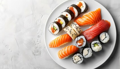 Image of mouthwatering sushi presented on a white circular dish, closely above set against a white background with advertising copy space, Generative AI.
