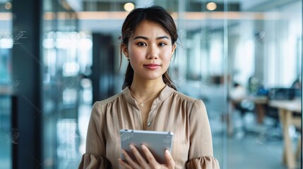 Successful Businesswoman in Stylish Dress Using Tablet Computer, Standing in Modern Diverse Office Working on Financial, Business and Marketing Projects. Portrait of Beautiful Asian Manager.