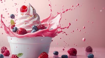 Ice cream with fruit, berry and nut toppings in a glass set against a pink background with advertising space, Generative AI.