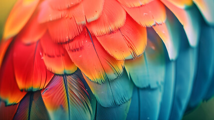 Macro View of Parrot Feathers with Dew Drops. Close-up of parrot feathers with dew drops,...
