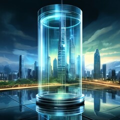 A stunning photograph of a transparent glass cylinder, reflecting a futuristic cityscape