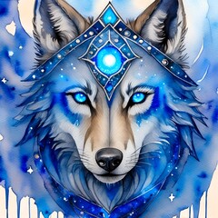 A Wolve with blue, sophisticated, magical eyes
