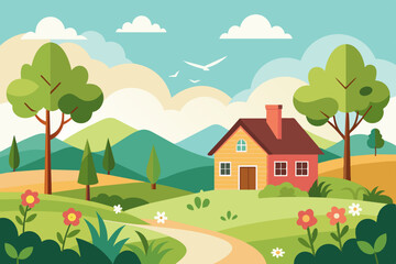 Fototapeta premium Vector illustration of spring countryside landscape with house, trees, and birds 