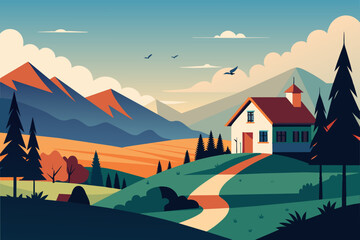 Vector illustration of spring countryside landscape with house, trees, and birds 