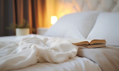 Open book on bed with cozy lighting and white sheets.