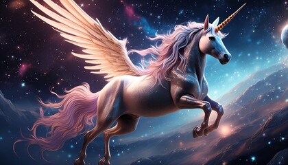 A breathtaking cinematic photograph of a majestic unicorn galloping gracefully across the Milky Way galaxy