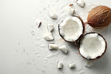 A clean background with room for an advertisement and fresh coconut and coconut fragments separated, Generative AI.