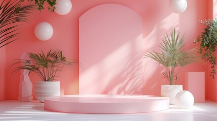 Modern pink stage with greenery and geometric shapes.