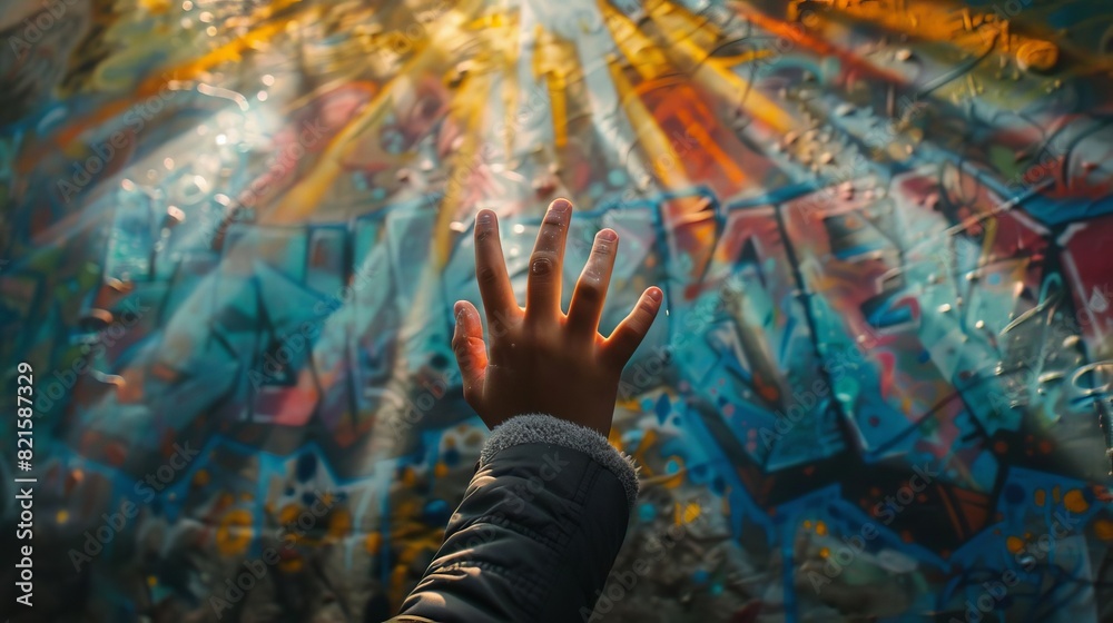 Wall mural hands in front of graffiti wall with light rays hope and inspiration digital art - Wall murals