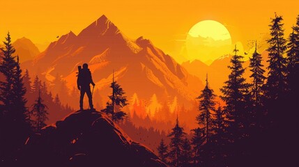 vector illustration of an orange and yellow sunrise with the sun setting behind a mountain range, forest trees in foreground, silhouette of hiker on top left side, retro poster