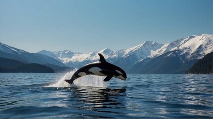 Close up the orca jumps out of the ocean on the Arctic ice background
