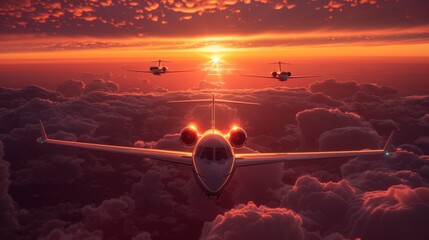 Private jets flying above the clouds at sunset.