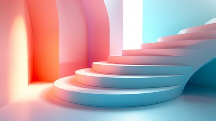 Curved pink and blue staircase in a minimalist setting.