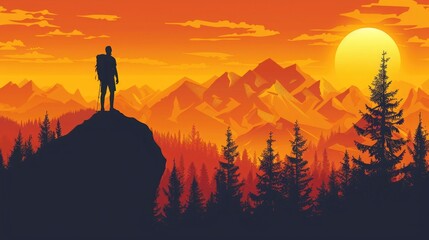 vector illustration of an orange and yellow sunrise with the sun setting behind a mountain range, forest trees in foreground, silhouette of hiker on top left side, retro poster