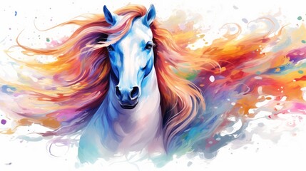 Fototapeta premium Close up portrait colorful watercolor horse , Realistic painting on white background