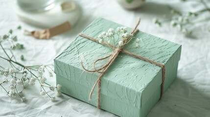 A mint green gift box with a textured finish and a simple twine bow, the refreshing color and subtle details providing a soothing touch to the white setting.