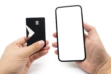 smart phone with blank screen and credit card, online shopping, e-commerce, internet banking concept. isolated background. Clipping path.