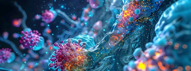 Obraz premium Intricate Dance of Microbes A Captivating Microbial Ballet of Cellular Activity and Bioluminescent