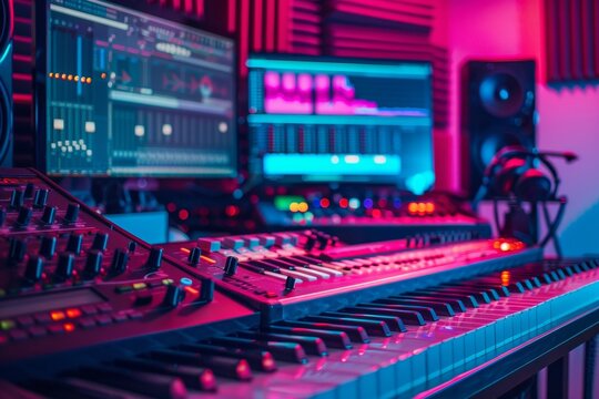 A Digital Music Production Studio with Keyboards, Mixing Consoles, and Software