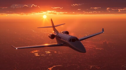 private jet soaring through a vibrant sunset sky, with a stunning orange and red horizon.