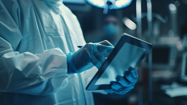 Surgeon, doctor and tablet for hospital, healthcare or clinic research, online planning and schedule management. Medical professional typing on digital technology for surgery results, charts or data