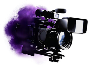 Professional digital camera in a purple dust cloud isolated on white. Visual explanation for...