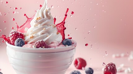 Ice cream with fruit, berry and nut toppings in a glass set against a pink background with advertising space, Generative AI.