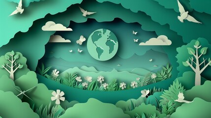 A poster banner with trees, a globe and birds on a green background for World Environment Day on June 5th, Generative AI.