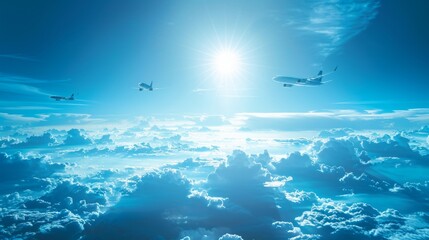 Airplanes cruising above a vast expanse of clouds under a bright, clear blue sky during daytime.