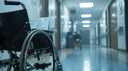 Close-up of a wheelchair, document page on its seat, clinical setting hallway with lockers in the background, emphasizing healthcare and professionalism