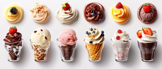 Selection of cutout frozen desserts sundaes in tulip glass cups with a white backdrop an ad theme, Generative AI.