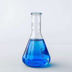 Laboratory Flask with Blue Liquid on White Background
