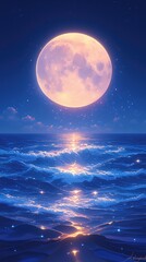The moon shines on the dark blue sea, and there is only one huge bright full pearl in the sky. 