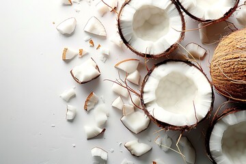 A clean background with room for an advertisement and fresh coconut and coconut fragments separated, Generative AI.