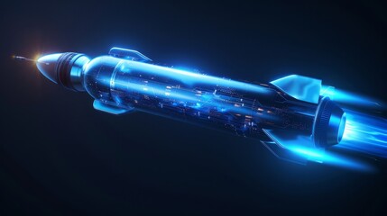 Advanced spaceship with glowing blue lights speeding through space