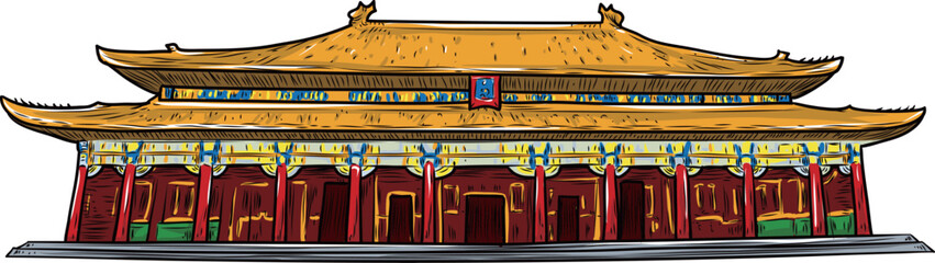Obraz premium Enchanted Palace: Cartoon Vector Illustration of Ancient Architecture in the Forbidden City