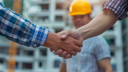 Successful deal, male architect shaking hands with client in construction site after confirm blueprint for renovate building